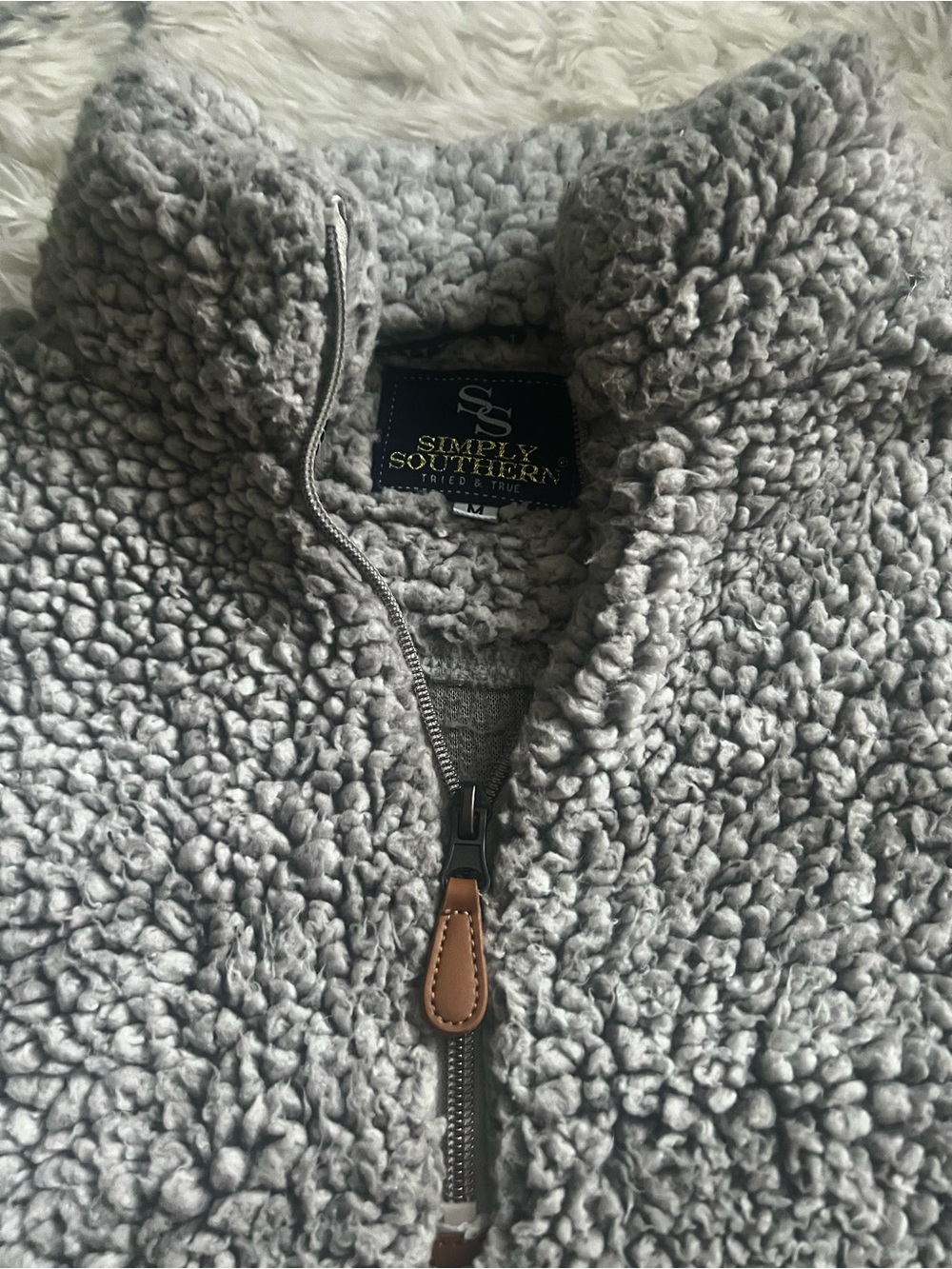 Simply Southern Kids Gray Sherpa Zip Jacket with Leather-Look Pull